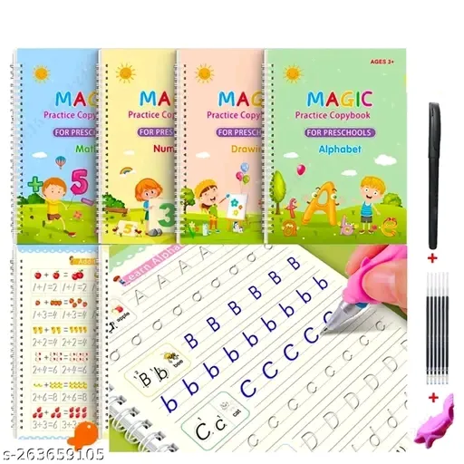 Shyam Magic Practice Copy Book for Kids (4 Book + 10 Refill + 1 Pen +1 Grip) 4Pcs Magic Book with Pens, Calligraphy Books for Beginners Practice, Calligraphy Practice Book, Magic Kids Practice Copy Book, Magical Reusable Hand Writing Book